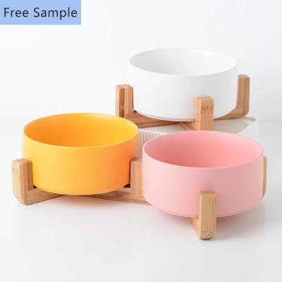 China New Arrival Non-automatic Multicolor High Quality Round Ceramic Pet Double Rolls Dog Cat Bowl With Wood And Bamboo Stand for sale