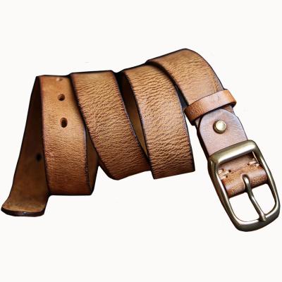 China Selling men's and women's style full grain cowhide thick leather classic plain surface cowhide with pin copper buckle casual belt for sale