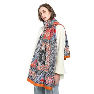 China Polyester Twill Printed Scarf With Cashew Nut Stitching And Multicolor Satin Scarf Soft Mid Length Shawl for sale