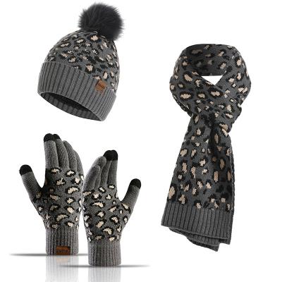 China European American Women Warm Knitted Scarf And Hat Set Leopard Print Mitten Scarf for sale