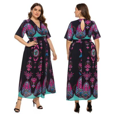 China XL-5XL Women's Elegant Floral Printing V Line A-Line Viable Off Shoulder Long Maxi Dress Plus Size for sale