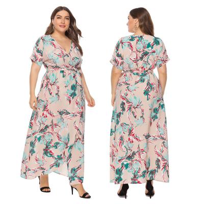 China Wholesale Elegant Casual Women Maxi Elegant Casual Dresses XL-6XL Short Sleeve Floral Plus Size Chiffon Adjustable Support Belt V-Neckline for sale