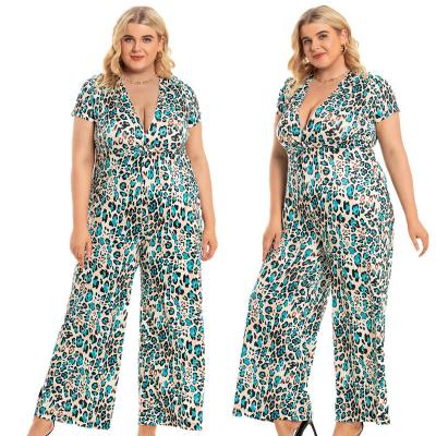 China 2022 Viable Casual Deep V-Neck Rompers Summer Plus Size Sexy Leopard Print Wide Leg Overalls For Women for sale