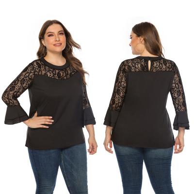 China 2022 Spring Ladies QUICK DRY T-shirt loose lace plus size solid O-neck ruffles sheath women casual blouse for sale