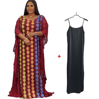 China Polyester New Design Fashion African Lace Abaya For Women Guipure Lace Up Long Dress And Inner 2 Pieces Dashiki Water Soluble Fabric for sale