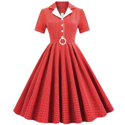 China Casual Christmas Party Women's RED Dots Stand Collar Vintage Shirt Dress Polka Dot Stand Collar Daily Wear, Short Party Cotton Knitted A Line for sale