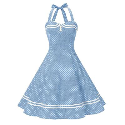 China Backless Polka Dot Summer Female Cotton Collar Elegant Retro Hepburn Style Vintage Dress Swing Sailor Dress Breathable Preppy Navy for sale