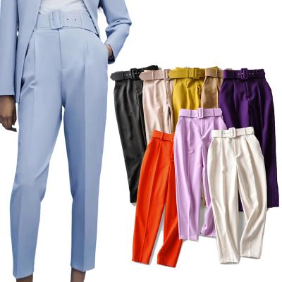 China Anti-wrinkle small waist women fashion street wear ladies office pants with belt with 17 color options for sale