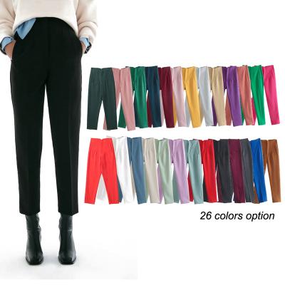 China Anti-wrinkle 26 color option clothing custom bandage mid pleated pockets cotton long pants woman office career natural super pants long for sale