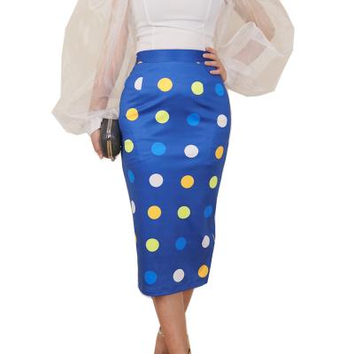 China Breathable Pencil Style S-XXL Polka Dot Printing Blue Midi Length Skirt For Elegant Ladies Long Skirts for sale