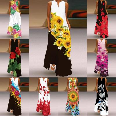 China Anti-wrinkle S-5XL plus size factory direct sale sleeveless V-neck Digital printing loose size summer flower large size casual dress for sale