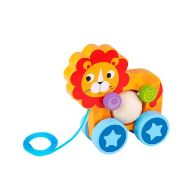 China Colorful/Safety/Environmental/Healthy Toddler Preschool String Pull Along Lion Ball Rolling Wooden Toy for sale