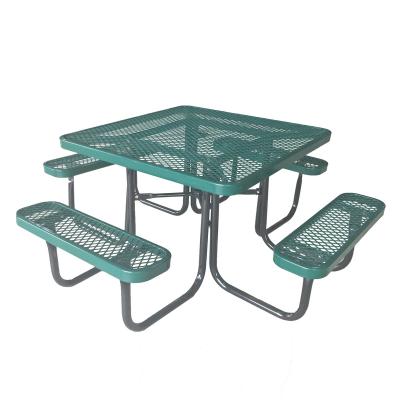 China Industrial Outdoor Furniture Metal Square Picnic Table And Benches With Umbrella for sale