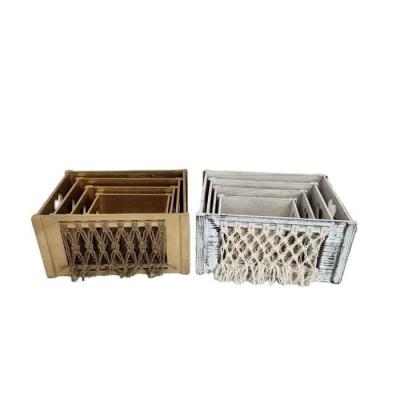 China Small viable desktop storage wooden box/hollow wooden box/rope woven wooden box for sale