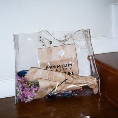 China Concise Style PVC Beach Tote Bag Transparent Waterproof Vertical Shape Shopping Bag for sale