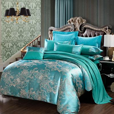 China Nondisposable Luxury Bed Sheet Polyester Green Jacquard Bedding Set for sale