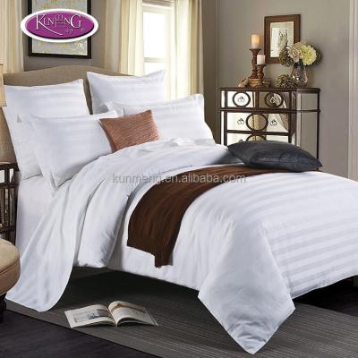 China 100% White 3cm Stripe Hotel Cotton Nondisposable Bed Sheets Bedding Set for sale