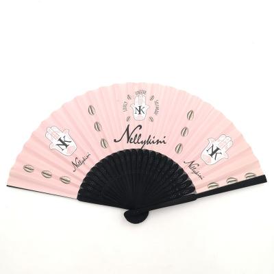 China China Rib Pink Paper Hand Fan Natural Black Bamboo Logo Paper Fan Custom Made for sale