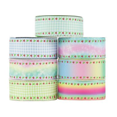 China Bright Color Stability Midi Factory Plaid Rainbow Gradient Strawberry Ink Printed Grosgrain Ribbon For Hair Bows Ribbon Diy Crafts for sale