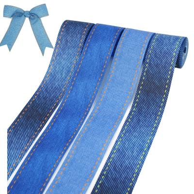 China Eco-Friendly Midi Liston Cheap Custom Heat Jeans Pattern Printing Polyester Grosgrain Ribbon For Hair Bows Headband Bow for sale