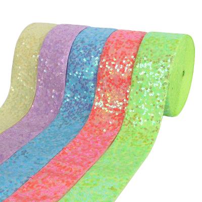 China Wholesale Midi Floral Factory New Arrival 75mm Colored Sequin Ribbon Sequin Tulle Fabric For Hair Bows Decorative Apparel for sale