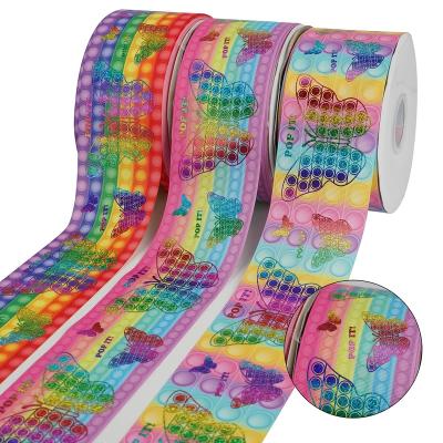 China Midi Sale Pop Listones Rainbow Foil Printing Hair Bows Ribbon 75mm Printing Grosgrain Eco-friendly Ribbon for sale