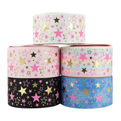 China New Stock Sale 75mm Eco-friendly Midi Ribbons Pink Gold Foil Printing Grosgrain Ribbon Star Hair Bow Ribbon 3 Inch for sale