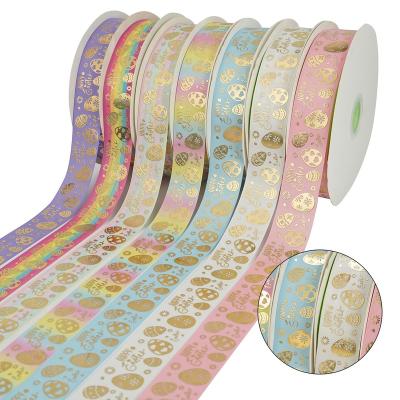 China Hair Bows Midi Ribbons 3D Happy Easter Day Printing Grosgrain Ribbon Gold Dye Ribbon For Hair Bows Crafts for sale