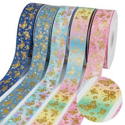 China Midi Liston Gold Hologram Print Butterfly Ribbon 38mm Eco-friendly Grosgrain Ribbon For Hair Bows Crafts Making for sale