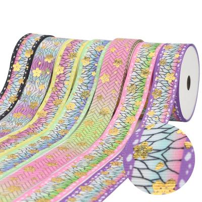 China High Quality Midi 25mm Eco-friendly Factory Price 100 Yards Gold Hologram Grosgrain Kimetsu Printing No Yaiba Ribbon for sale