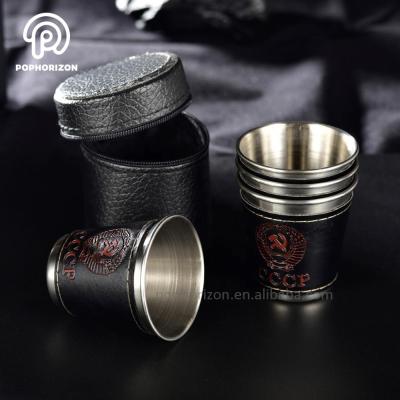 China Pophorizon Real Whiksy High Quality Viable Leather Stainless Steel Mug Set 70ml Drinkware for sale