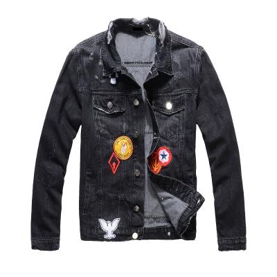 China New France Viable Style #419 Mens Distressed Embroidery Chapters Splice Mens Denim Jacket Coat for sale