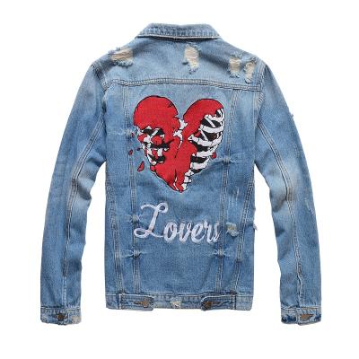 China New France Viable Style #410 Men's Distressed Embroidery Skull Men's Denim Jacket Destroyed Coat for sale