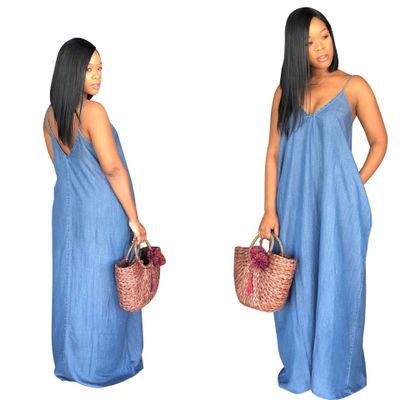 China 2021 New Arrivlas Spring Anti-Static Women Summer Spaghetti Strap Deep V Neck Maxi Dress Loose Casual Denim Dresses for sale