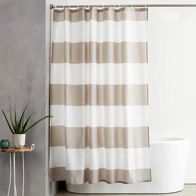 China Modern Viable Taupe Tan Cream Stripes Waterproof Polyester Fabric Simple Bathroom Shower Curtain With Hooks for sale