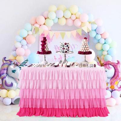 China Birthday Party Chiffon Baby Ruffle Tablecloth Pink Simple Decorative Rectangle Tables Mermaid Table Skirt for sale