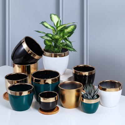 China Luxury Plated Style Macetas Drainage Hole Plant Pot Plating Ceramic Flower Pot for sale