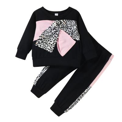 China Casual Long Sleeve Leopard Grain Bow Baby Boutique Clothing Sets for sale