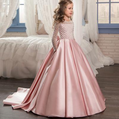 China Breathable High Quality Big Lace Bow Pink Stain Little Girls Dresses For Wedding for sale