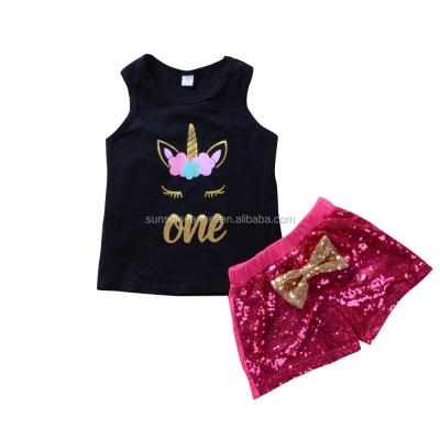 China Hot Polyester/Cotton Unicorn Vest +Sequins Shorts Babies Clothing Set for sale