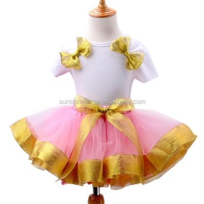 China Breathable Gold Ruffles Princess Skirt With Big Pink Bow Party First Birthday Dress For Baby Girl for sale