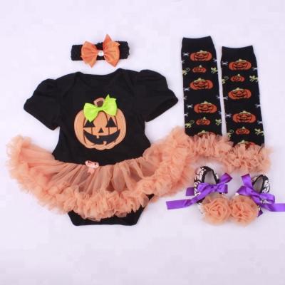 China Newest Wholesale Baby Antibacterial Halloween Costume Infant Girl Romper Dress Headband Shoes Leg Warmer Clothing Set for sale