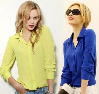 China New Fashion Ladies Anti-wrinkle Sheer Color Shirts Long Sleeve Blouse Women Chiffon Tops for sale