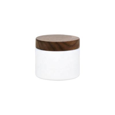 China Luxury Wooden Cosmetic Packaging Nut Lid Porcelain Plastic Freestanding Jars For Cream for sale