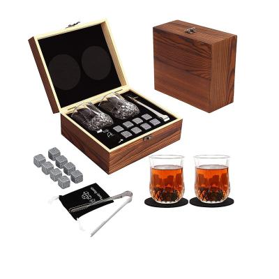 China Handmade Tartar Custom Wooden Box Double Logo Anniversary Ice Wine Glass Gift Set Wooden Gift Whiskey Set Box Keepsake for sale