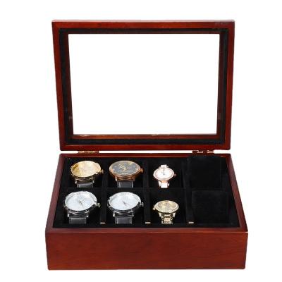 China Luxury Handmade Custom Wooden Watch Display Box 8 Slot Men Storage Box With Drawers Stand Up Big Glass Top Box for sale