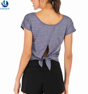 China Custom Antibacterial V-Neck Women Fitness Clothing Yoga Sport T Shirts Sportswear With Tie In Back Tops for sale