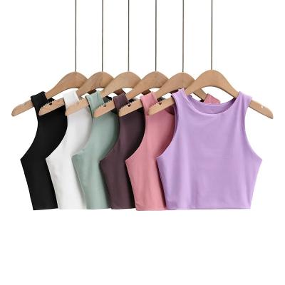 China 2022 Late Summer Fashion Women's Anti-pilling Tops Ladies Sleeveless O-Neck Sleeveless Sexy Double Full Anti-pilling Shirts Short Beach Tops For Lady for sale