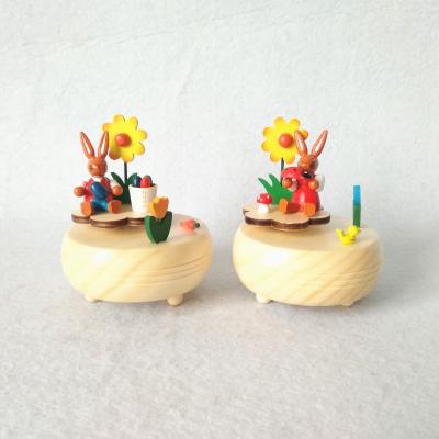 China Mini Handmade Wooden Round Easter Bunny Music Box Decoration for sale