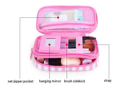 China Small portable PU cosmetic box Korean girl stripe cute makeup storage multi-functional toiletries bags for sale